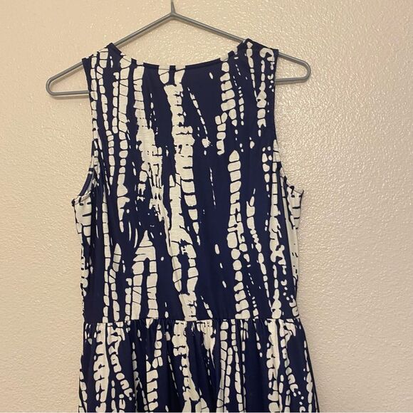 Navy blue print stretch v neck wrap midi summer sleeveless dress M NEW - Picture 4 of 10